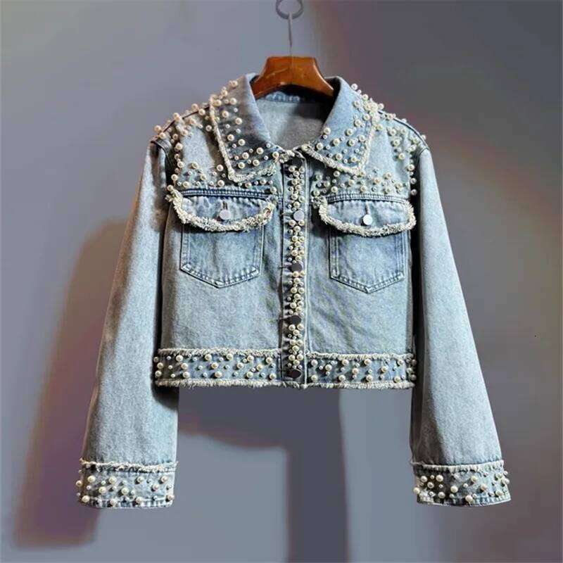 Autumn Women Vintage Light Blue Short Denim Pearl Beading Frayed Burrs Pocket Long Sleeve Jeans Jacket Coat Streetwear