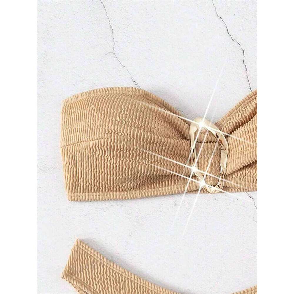 Sexy Bandeau Bikini Set Women Brown Metal Bow Ornaments Push Up Micro Swimwear 2025 Brazilian Summer Beach Bathing Suit Swimsuit