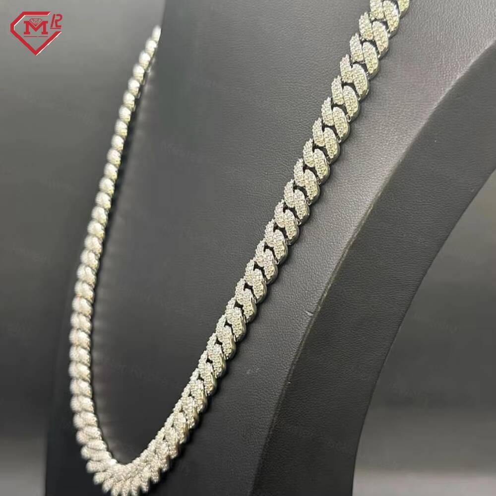 Hiphop Miami Cuban Chain 10mm 2 Rows 925 Sterling Silver Iced Out Vvs Moissanite Cuban Link Chain