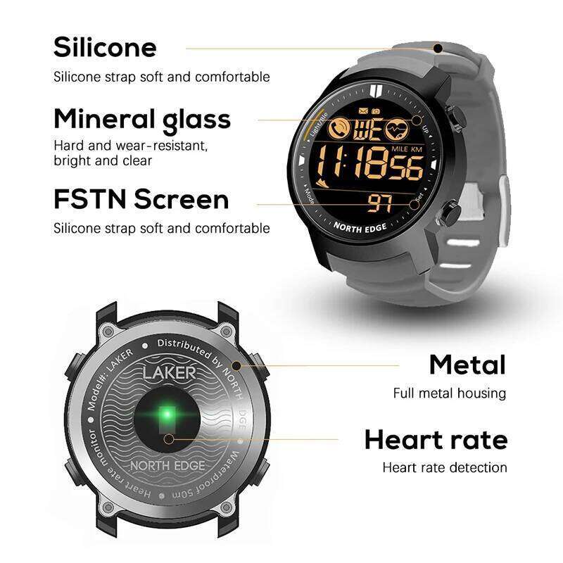 NORTH EDGE Men's Digital Military Waterproof 50M Running Sports Pedometer Stopwatch Watch Heart Rate Wristband Android IOS free shipping