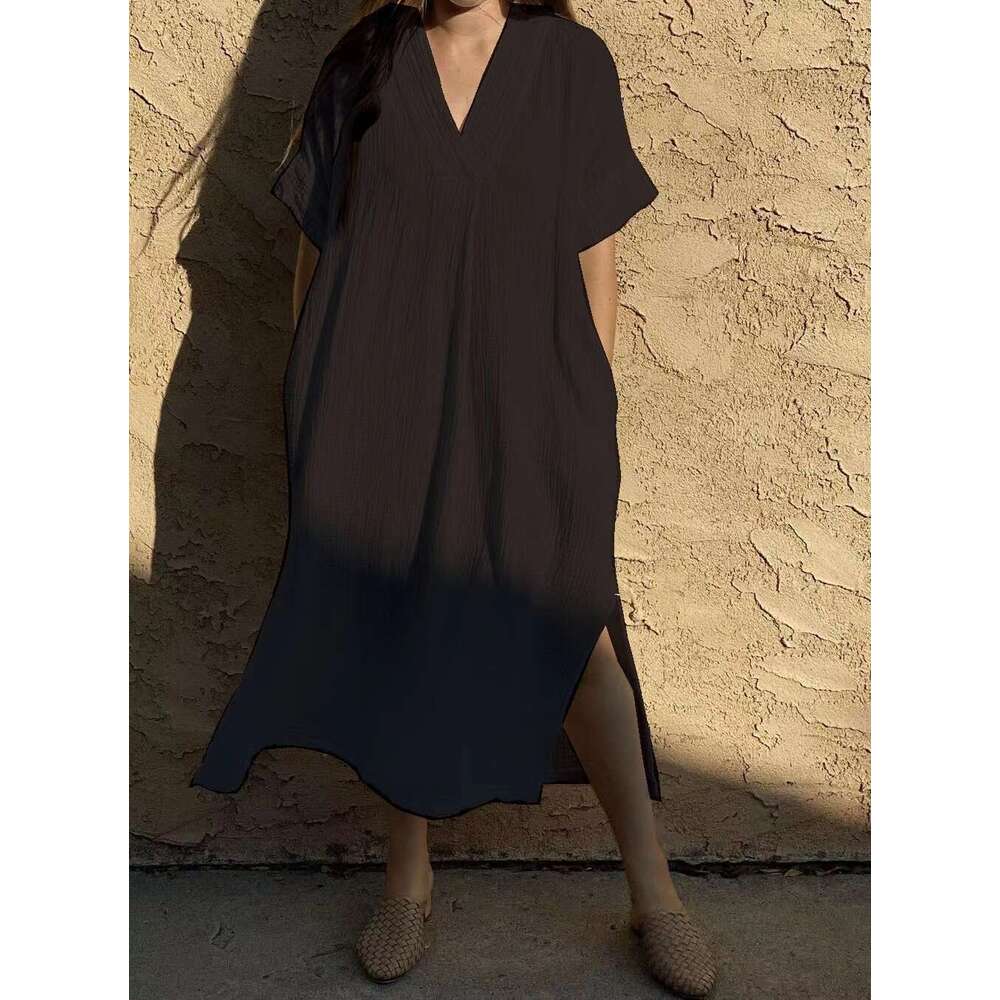 Women's Wrinkled Cotton Rayon Solid Color Minimalist Homewear Dress Beach Cover-Up Sun Protection Shirt B5