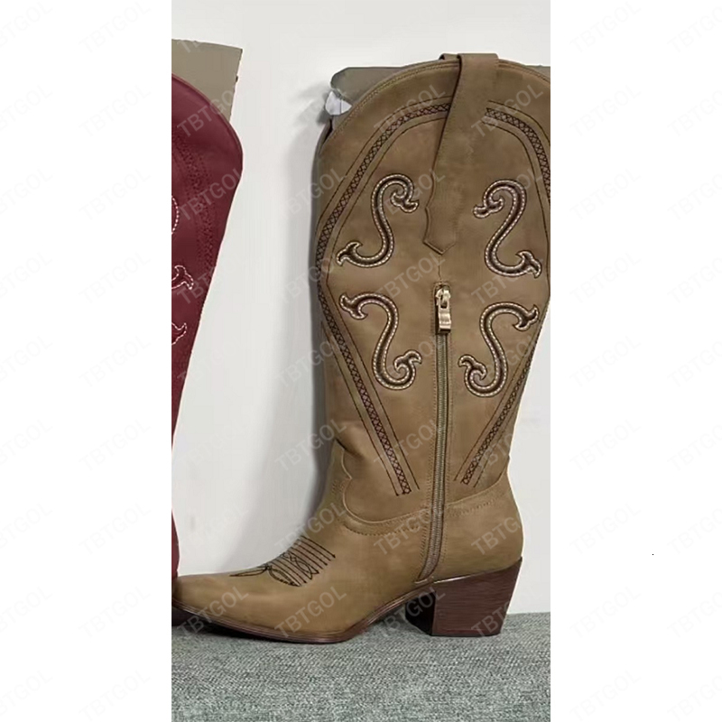Women Cowboy Boots Retro Thick Heel Western Boots Autumn Winter Embroidered Zipper Boots Christmas Music Festival Fashion Outdoor Boot XY52