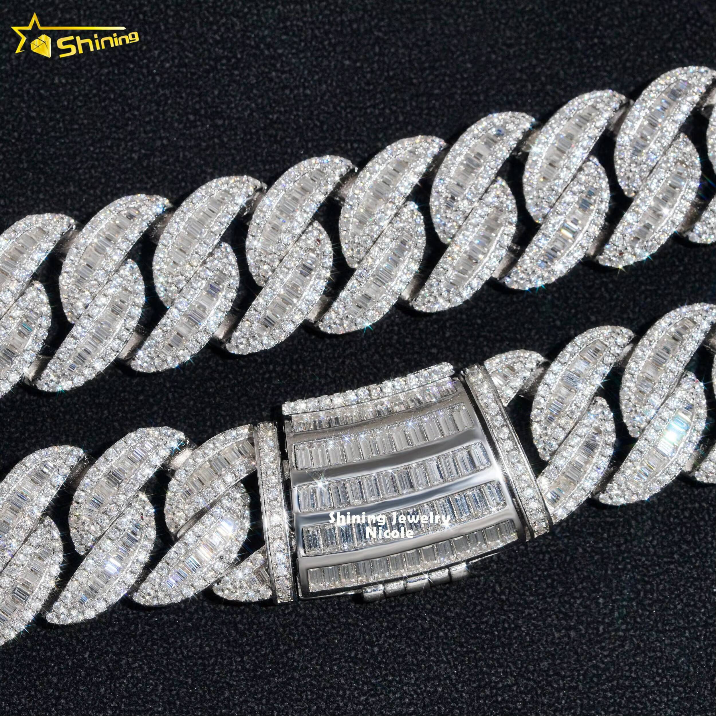 Luxury Hip Hop Style Baguette Diamond 19MM Miami Cuban Link Necklace 925 Sterling Silver Moissanite Cuban Chain