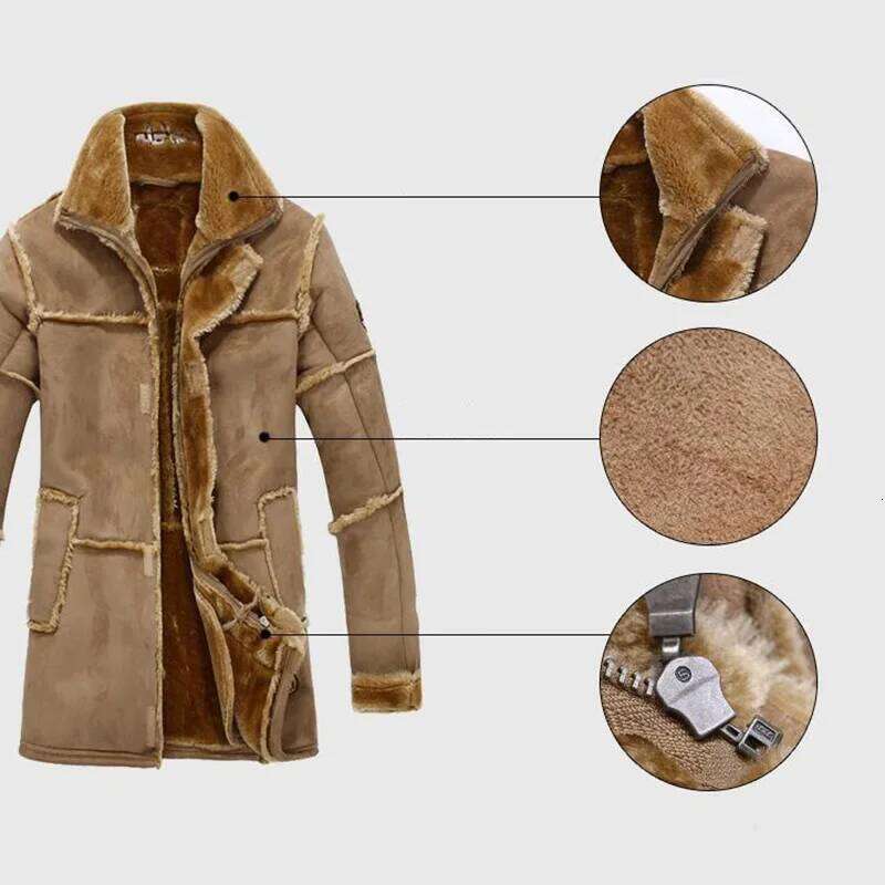 European Style Male Fashion Thick Warm Outwear Winter Men Faux Fur Coat Spliced Suede Leather Jacket Parkas Over Size