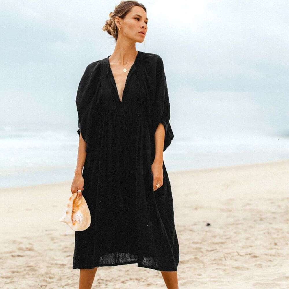 Autumn New Large Size Loose Lantern Sleeve Casual Solid Color Long Dress B5