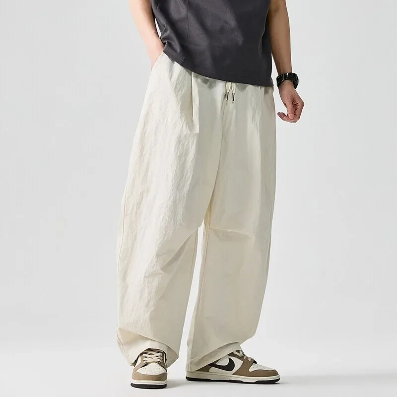 Wide leg Pants Men Harajuku Japanese Style Loose Casual Pants Men Solid Comfortable Elastic Waist Trouser Outdoor Walking Hiking 250715