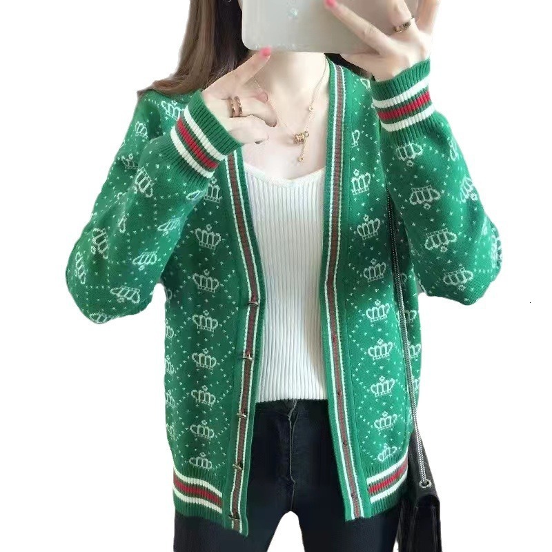 Spring and Autumn Coat Crown Jacquard Knitted Cardigan Womens Short Sweater Cardigan Classic Versatile Casual Slimming 250718