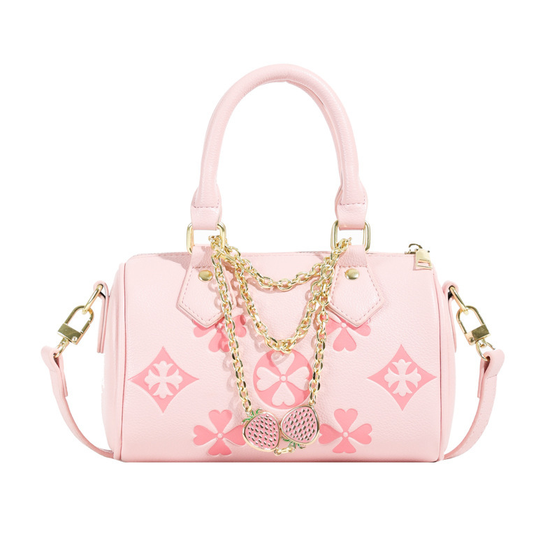 2025 new Embossed Mahjong - style Bag with Four - leaf Strawberry Diamond Pendant and Chain Women's Single - shoulder Bag Simple Commuting Cross 