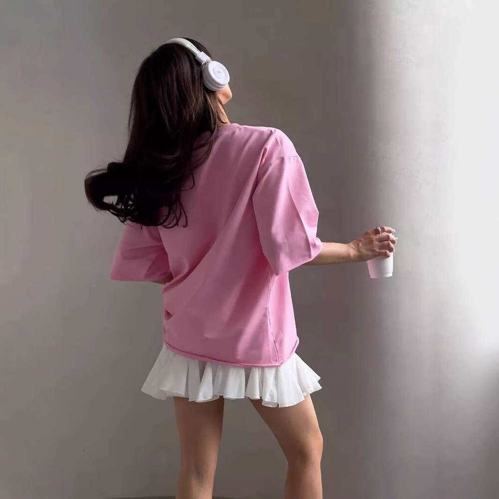 Pure Cotton T-Shirt For Women, Frayed Crew Neck, Terry Cloth, Short Sleeve, Loose Basic Top B5