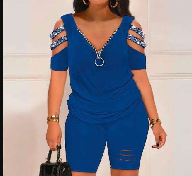 Women's Fashion Casual Printed V-Neck Zipper Short Sleeve Top And Shorts Two-Piece Set B5