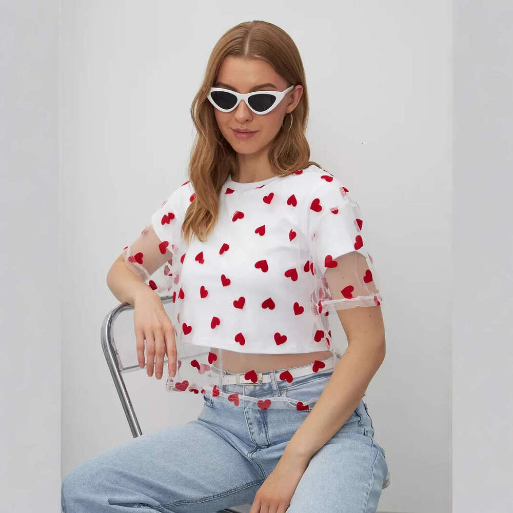 Summer New Heart Mesh Patchwork Color-Block T-Shirt For Women Fake Two-Piece Style Y2k Cotton Short Top B5