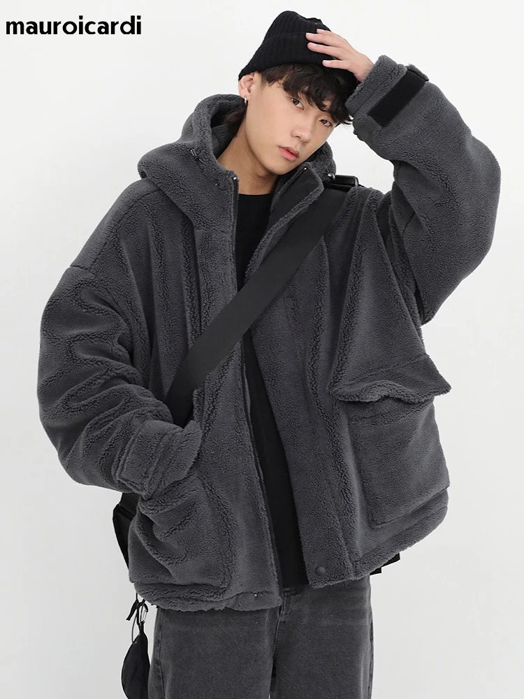 Mauroicardi Winter Thick Warm Oversized Dark Grey Sherpa Jacket Men with Hood Zip Up Fluffy Loose Casual Faux Lamb Fur Coat 250715