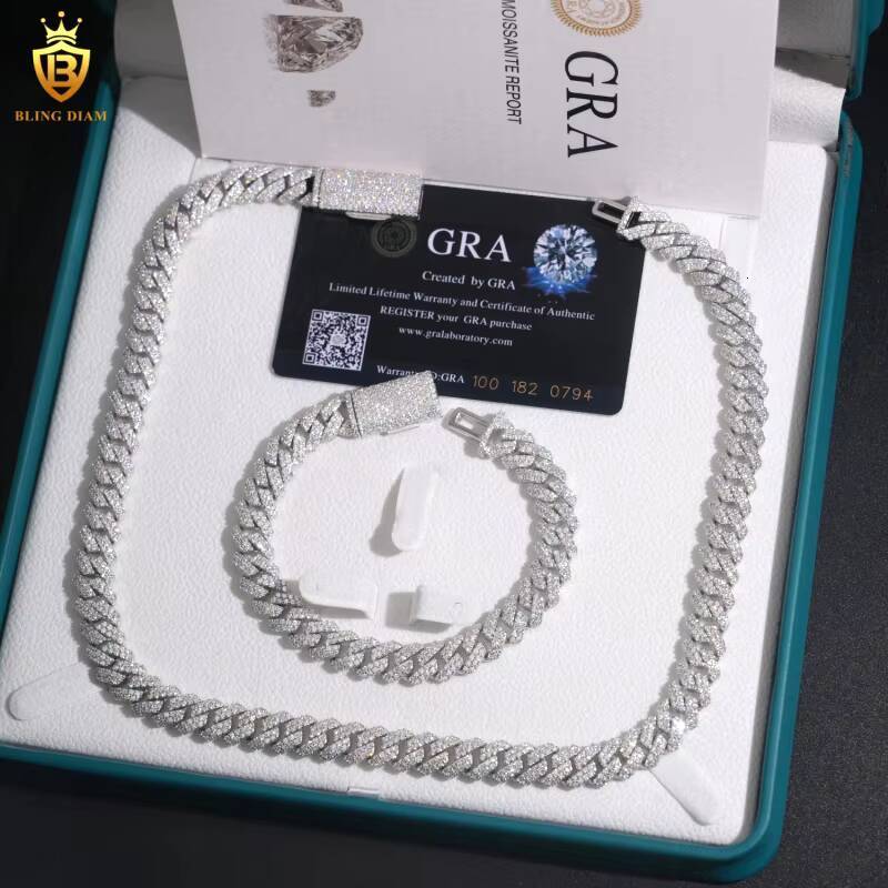 Hot Sale VVS Moissanite Iced Out Jewelry 925 Silver Cuban Link Chain Necklace Bracelet Men Pass Diamond Tester Hip Hop with GRA
