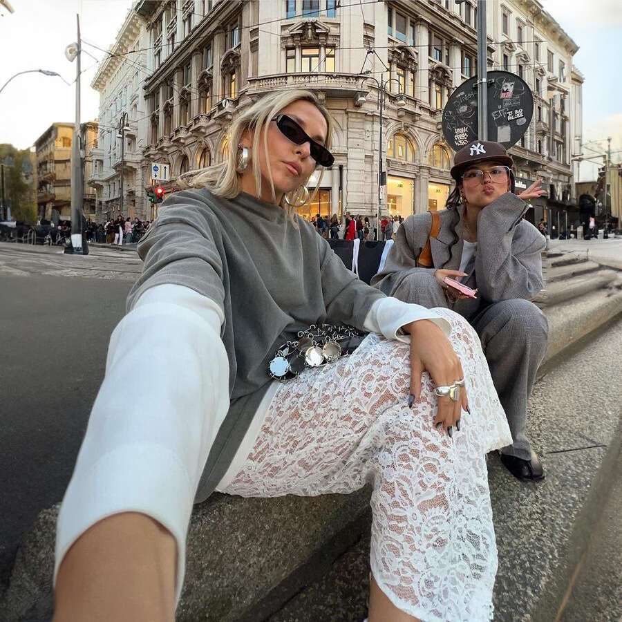 White Summer Street Fashion Jacquard Hollow Back Split Lace Midi Skirt B5