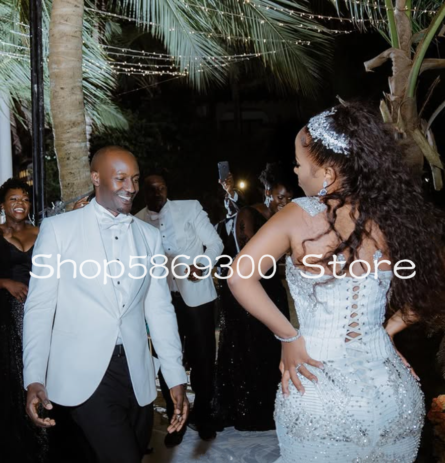 Sparkly Long Mermaid Wedding Dresses Crystal Sheer Mesh Lace-up Corset African Garden Bridal Dress Robes customsized