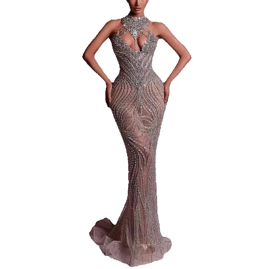 Luxurious High Neck Crystal Evening Dresses Customized Sexy Crystal Sleeveless Prom Dress Beaded See Through Party Gown