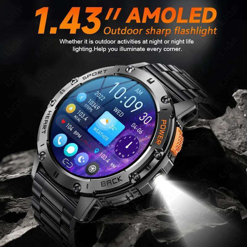For Android ios New AMOLED Smart Watch Men with Flashlight Sports Waterproof Fiess Tracker Bluetooth Call Smartwatch Man+Box free shipping