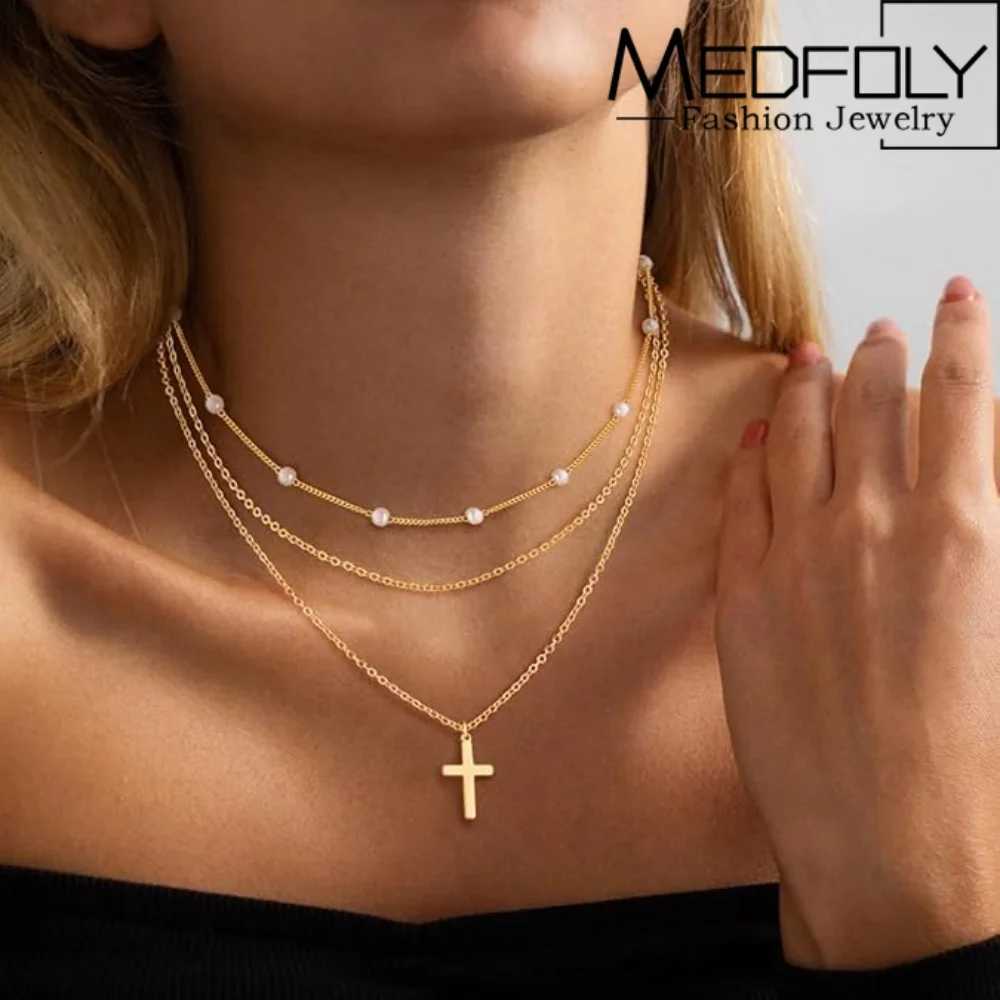 Medfoly Layered Necklaces For Wen 14k Gold Plated Pearl Cuban Chain Herringbone Necklace Trendy Jewelry Gift Wholes X250718
