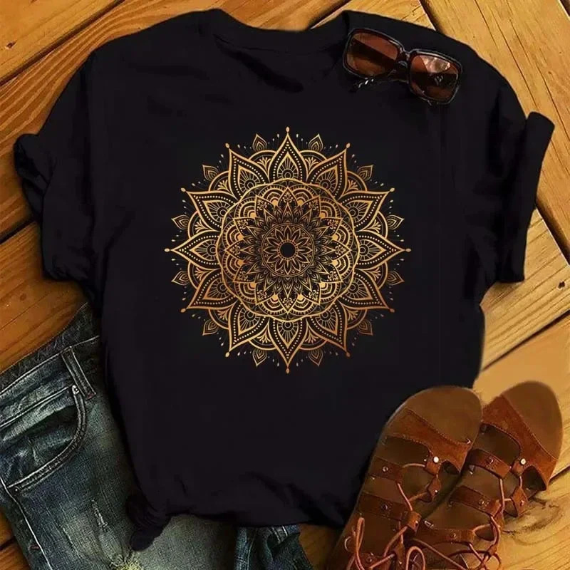 Plus Size Maycaur Mandala Floral Printed T Shirt Women Casual Fashion Tshirt Loose Short Sleeve 90s Girls Aesthetics Top 250707