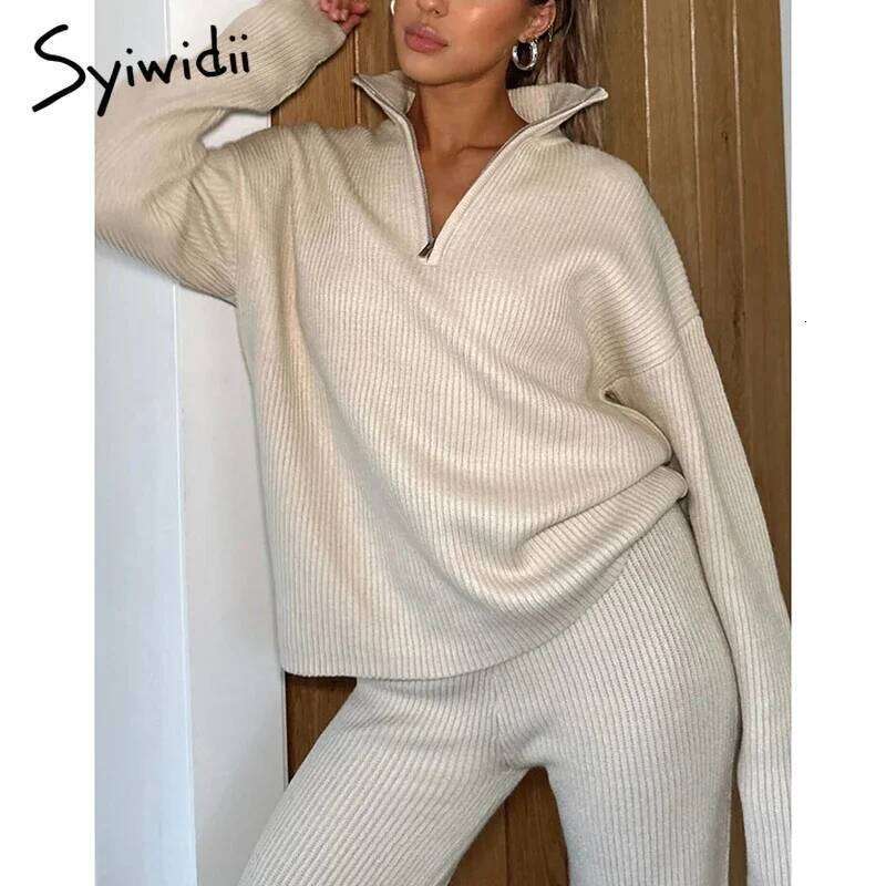 Syiwidii Autumn Winter Elegant 2 Piece Sets For Women Zipper Long Sleeve Sweaters Straight Pants Fashion New Casual Knitted Suit MDNG