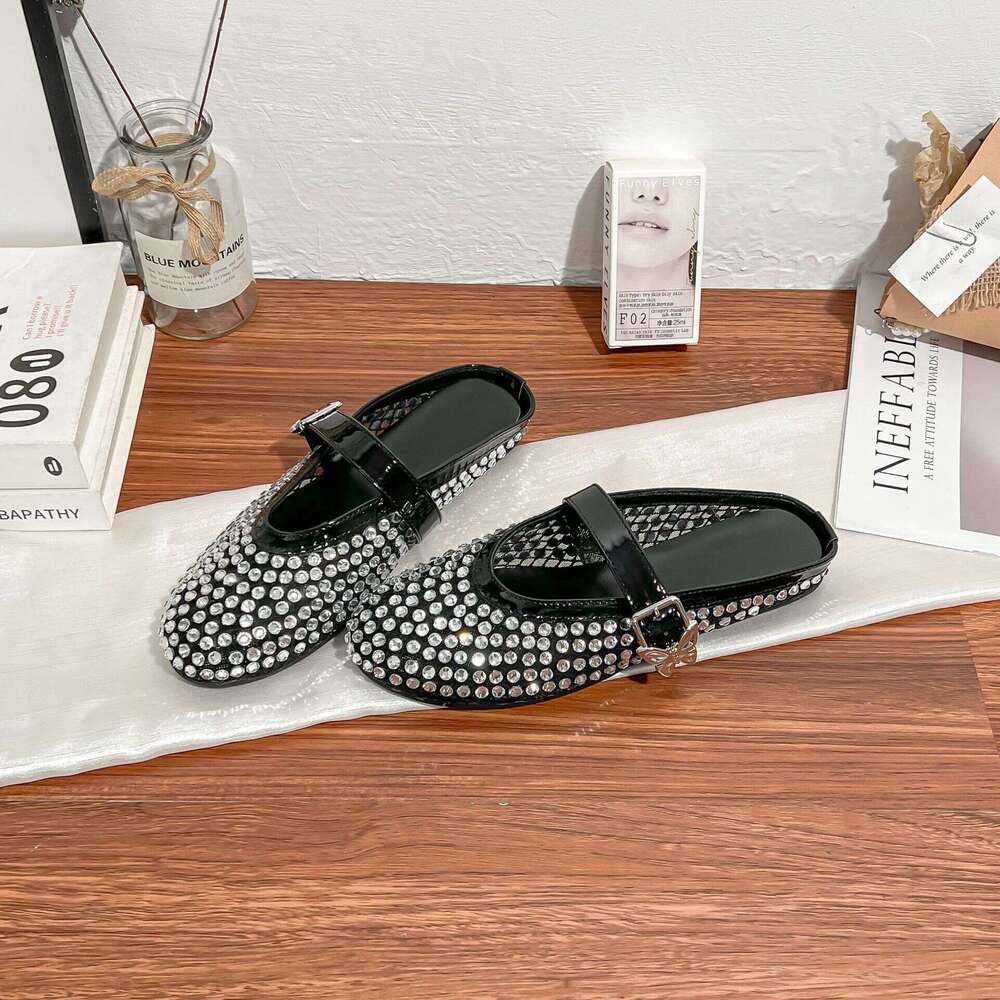 Su Yinyin 2025 New Flowing ~ Rhinestone Mesh Breathable Buckle Strap Closed-Toe Vacation for Women Half Slippers Summer