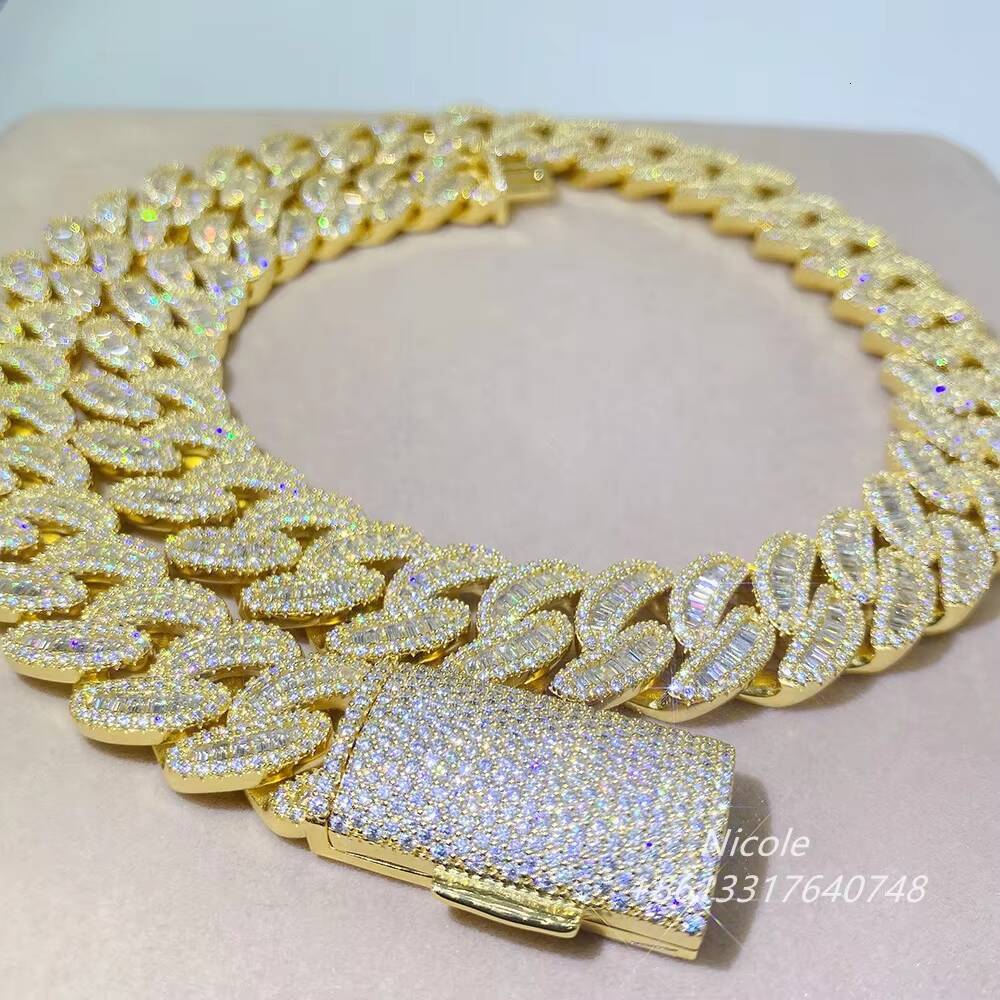 925 Sterling Silver Hip Hop baguette Moissanite Heavy Chain Miami Cuban Link Mens Bracelet 10k 18mm Cuban Link Chain