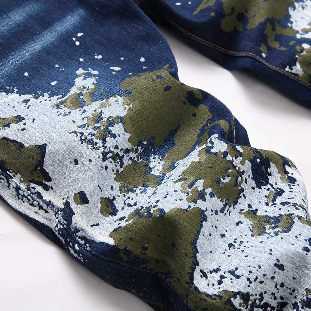 Men Painted Stretch Denim Jeans Streetwear Slim Tapered Pants Button Fly Blue Cotton Trousers X250718