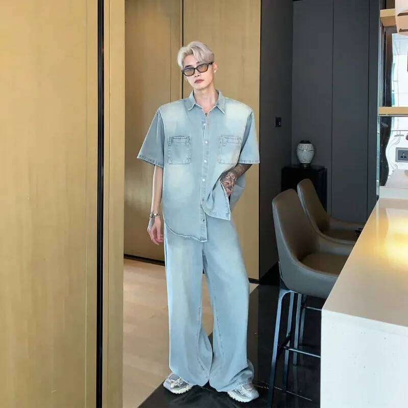 American Niche Old Washed Shoulder Pad Shirt Men's Korean Style Lapel Short-sleeved Denim Suit Straight Pants Single Piece/suit