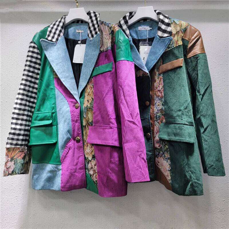 WTHT Fashion Women's Irregular Patchwork Plaid Design Blazer 2024 Winter Trendy Lapel Long Sleeves Jacket Female 1Ls574