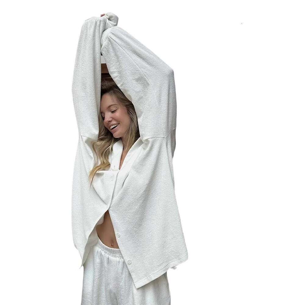 Summer Simple White Shirt Cardigan Long Sleeve Terry Cloth Two-Piece Set Loose Comfortable Women's Homewear B5