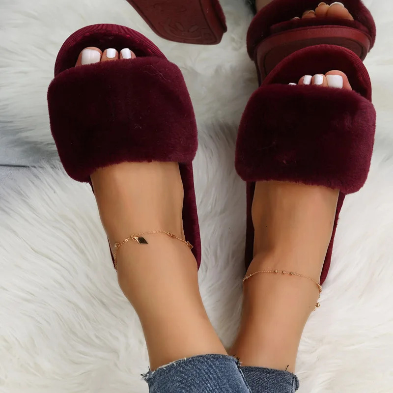 Womens autumn and winter style indoor lazy one line plush slippers flat cotton slippers 250717