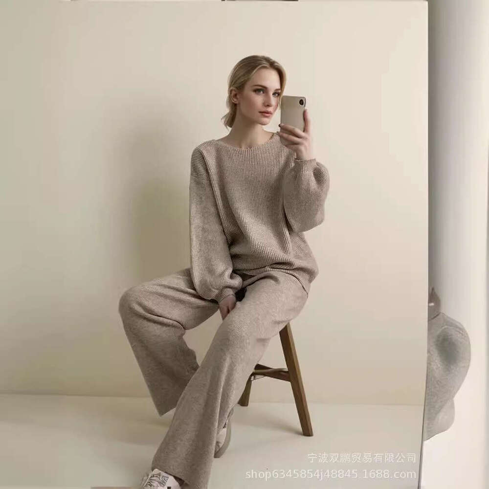 Loose Knit Set For Women Autumn Winter New Round Neck Sweater + Wide Leg Pants B5