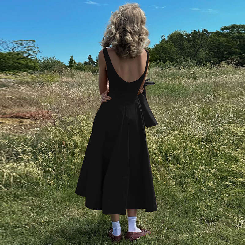 Summer New Fashion Elegant Solid Color Sleeveless Waist-Cinching Slimming Backless Dress B5