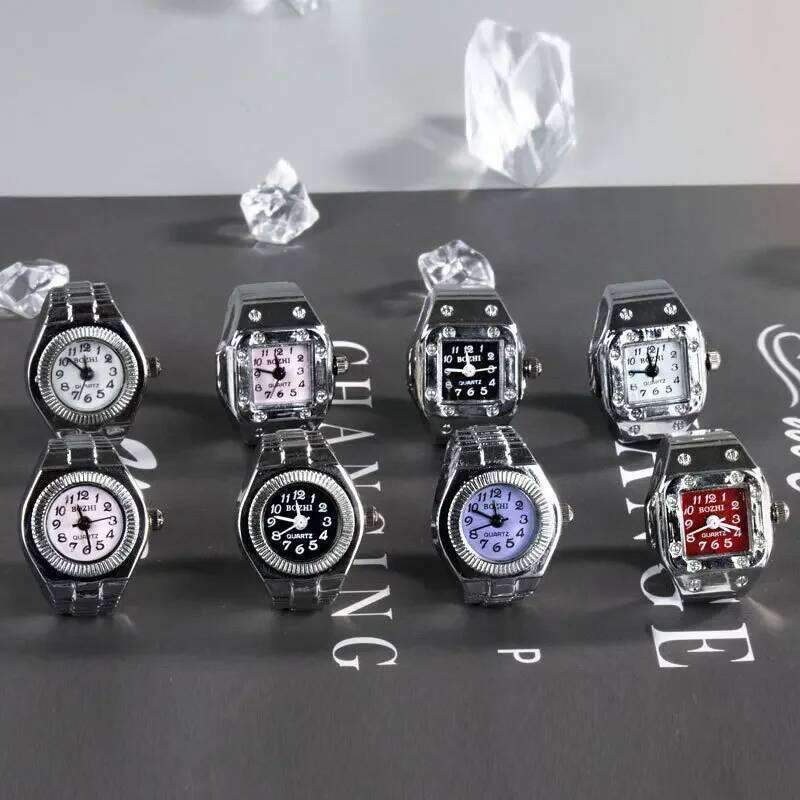 free shipping Vintage Punk Finger Mini Elastic Strap Alloy Watches Couple Rings Jewelry Clock Retro Roman Quartz Watch Ring Women Me