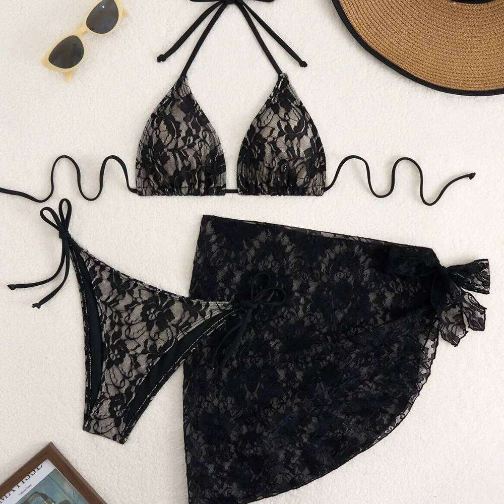 2025 new lace strap bikini three-piece set women's beach swimsuit