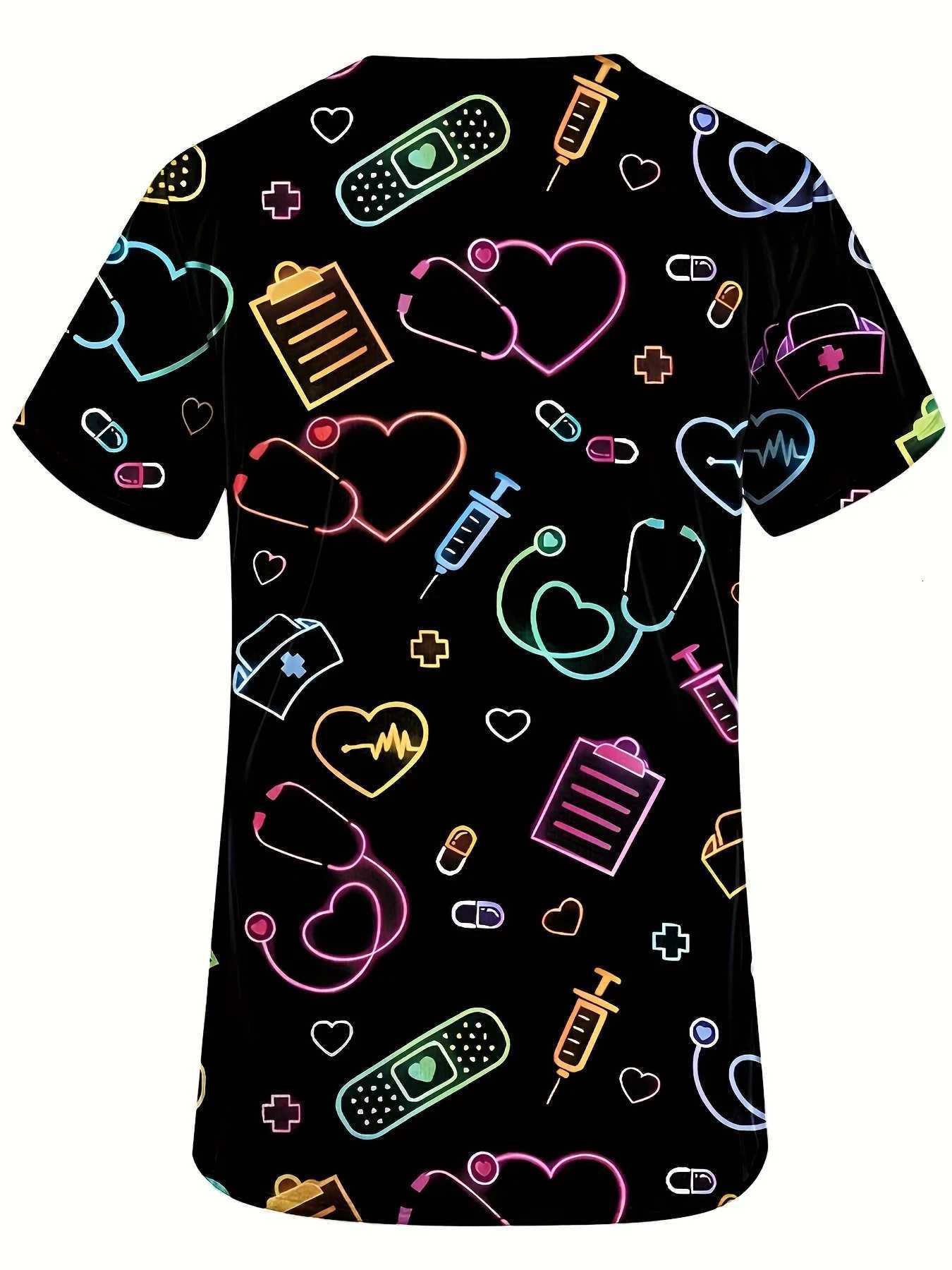 Surgical Uniforms Woman Heart Printed V-Neck Nurses Tops Short Sleeve Patch Pocket Medical Uniforms Surgical Uniforms Nursing Z250718