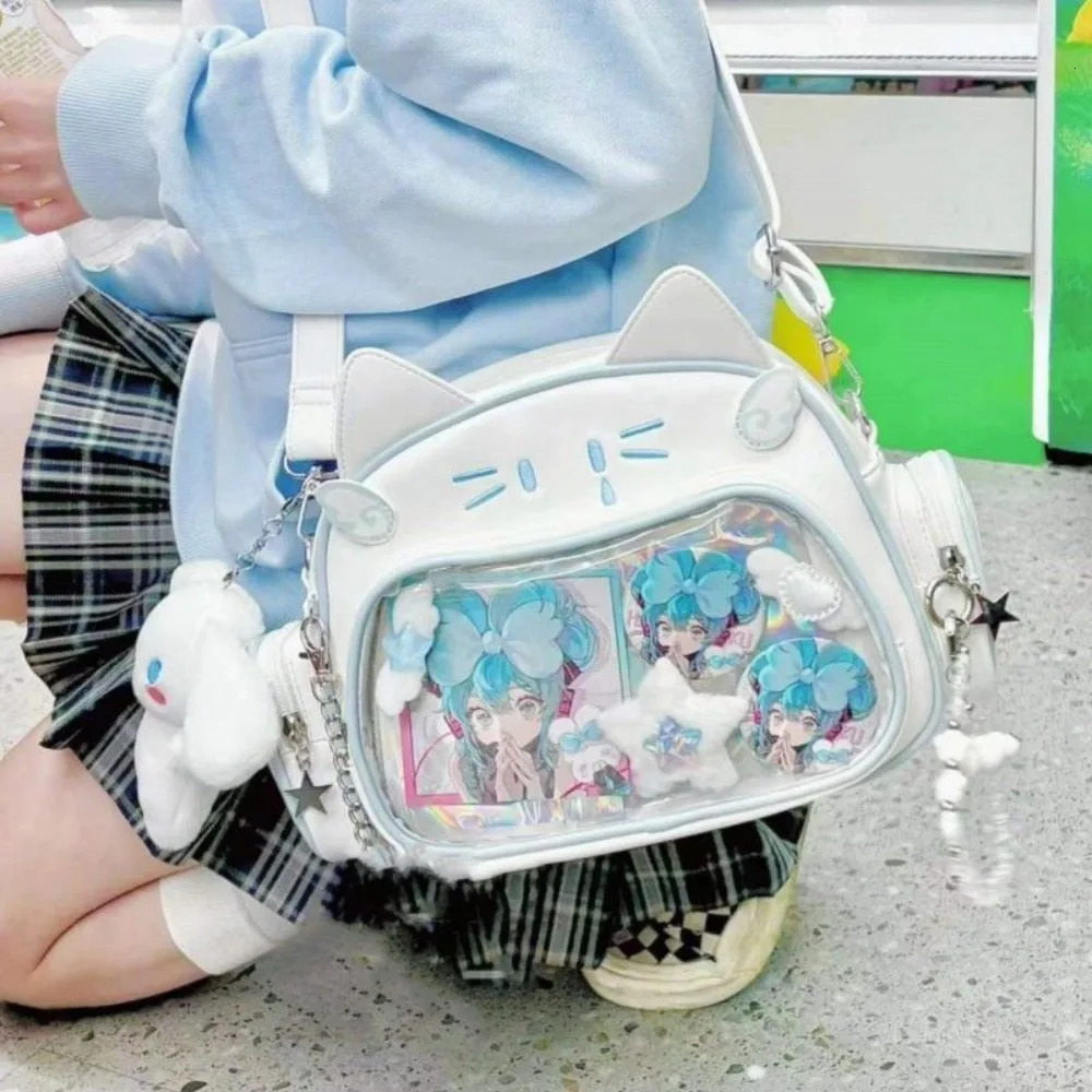 Y2K Korean Kawaii Cat Lolita Bag Cute PU Shoulder Bag Girls Transparent Pocket Harajuku Crossbody Bag Womens Fashion Backpacks 250714
