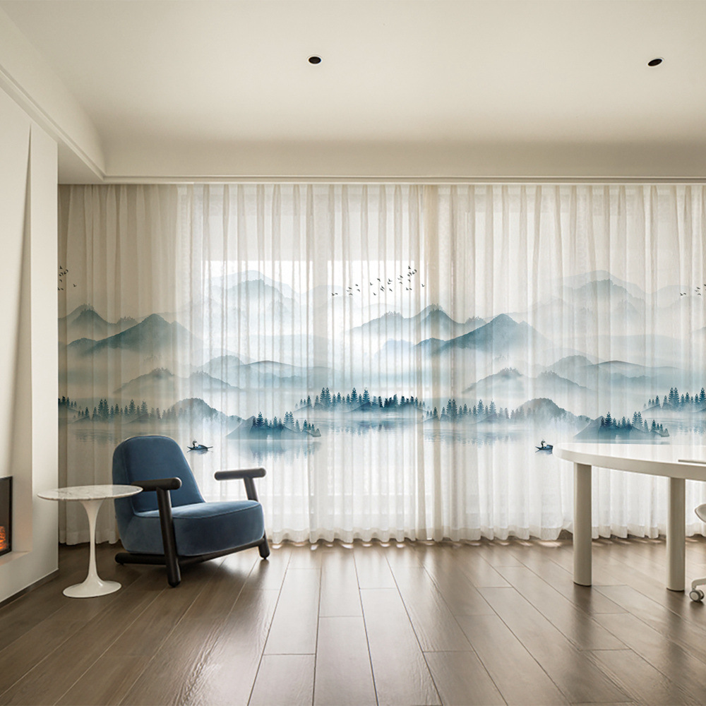 YL-36627 New Chinese style landscape painting all-match chiffon window screen living room bedroom tea house temple light-transmitting and non-transmit