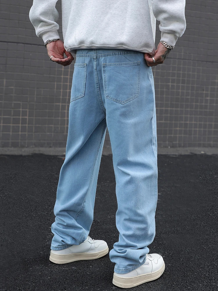 Mens Cotton Baggy Y2K Jeans Fashion Male Clothes Elastic Waist Washed Wide Leg Pants Solid Straight Loose Denim Trousers 250716