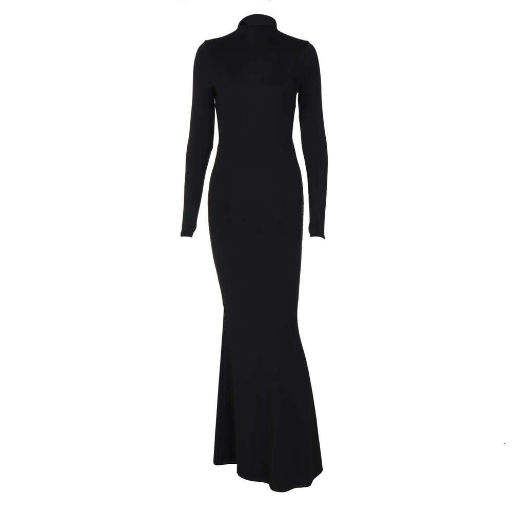 Women's Fashion Autumn New Solid Color Half High Neck Sleeve Sexy Unique Backless Long Dress B5