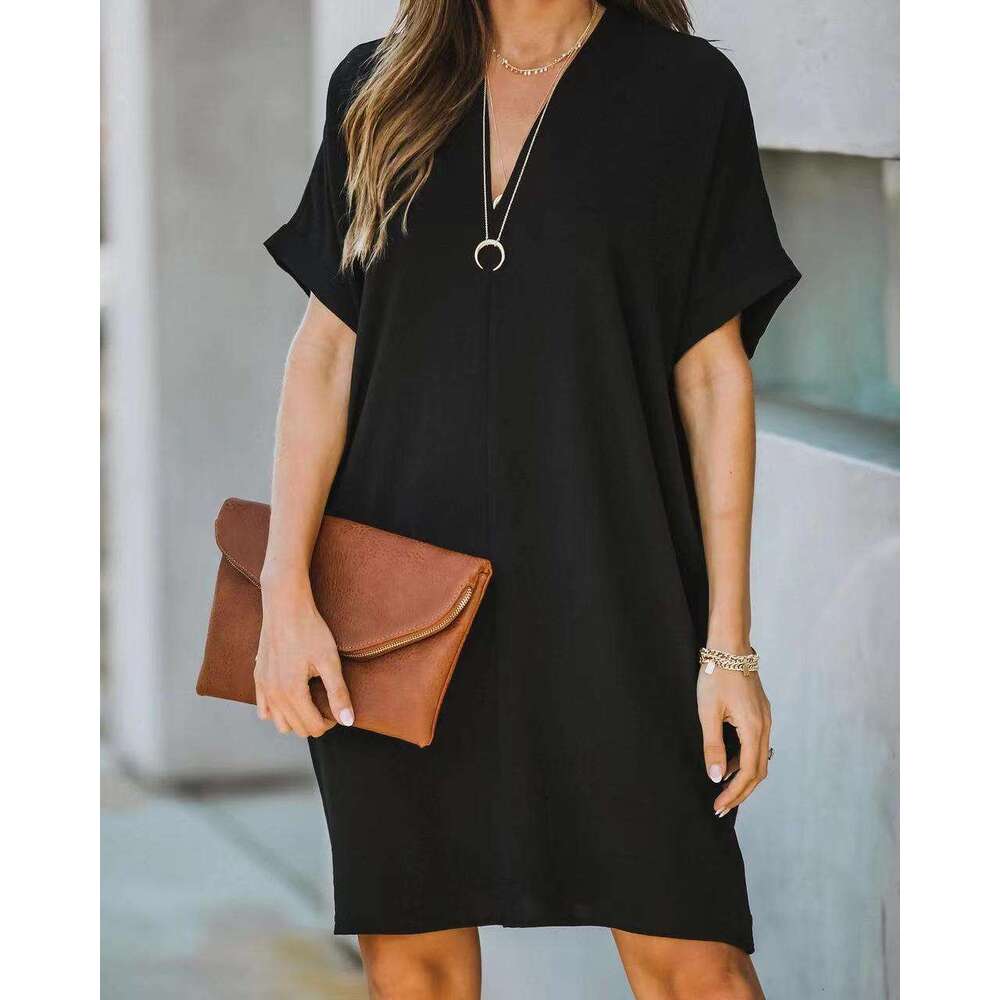 Summer Fashion Women's Solid Color H-Shaped Loose Casual V-Neck Short Sleeve Homewear Dress B5