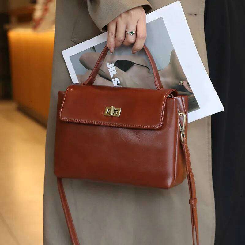 Women's Genuine Messenger Tote Soft Leather Small Square Bag Fashion Metal Buckle Ladies Natural Cowhide Handbag