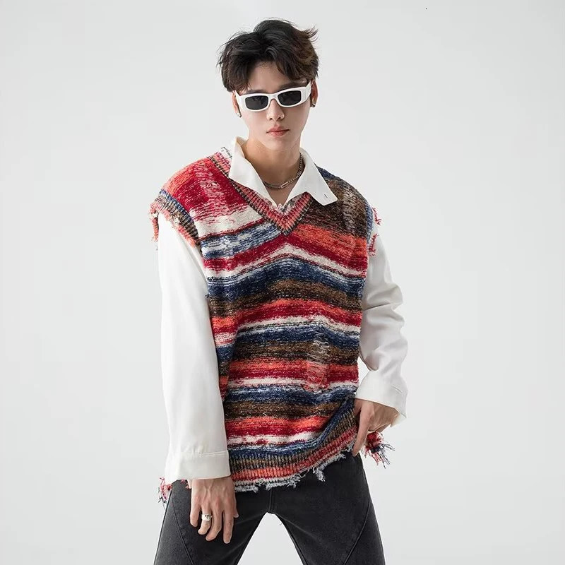 Vintage Gradient Stripe Baggy Knitted Sweater Vest Washed Ripped Red Sweater Tank Top Y2k Tie Dyeing V-Neck Sleeveless knitwear 250716