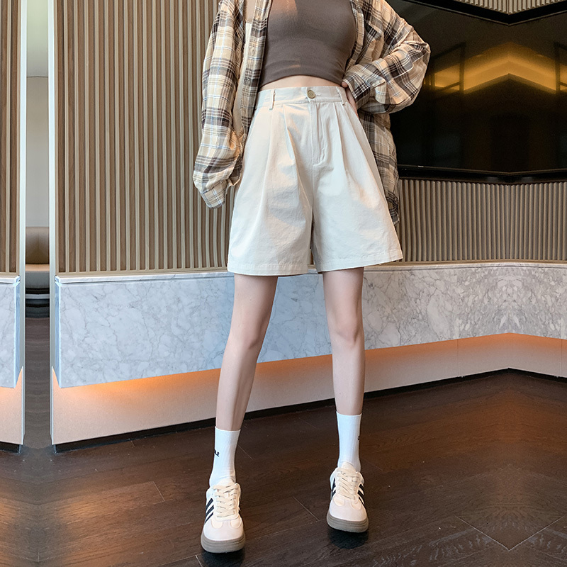 Cotton with Hemming American Style Suit for Women Summer Thin Loose Slimming Women's Pants Wide-Leg Five-Point Shorts