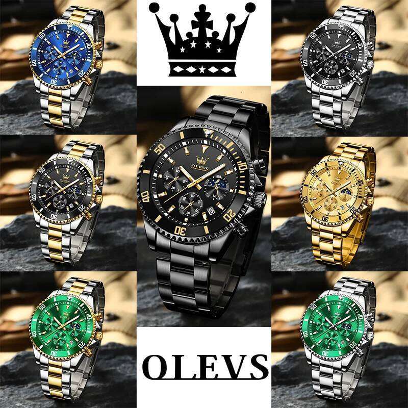 OLEVS Men's Watches Top Brand Watch for Men Original Waterproof Stainless Steel Chronograph Moon Phase Date Rota Dial free shipping
