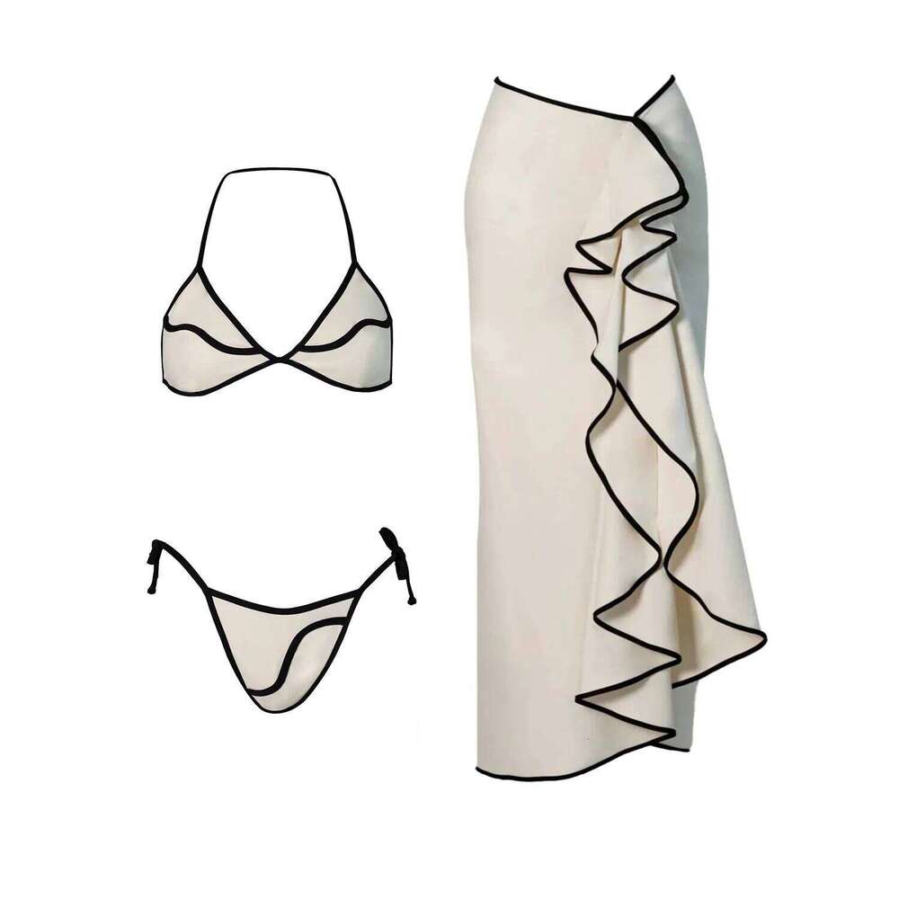 3 Pieces Sexy Bikini Set Black White Bikinis Women Swimsuit Female Elegant Swimwear Long Skirt Bathing Suit Beachwear Cover Up