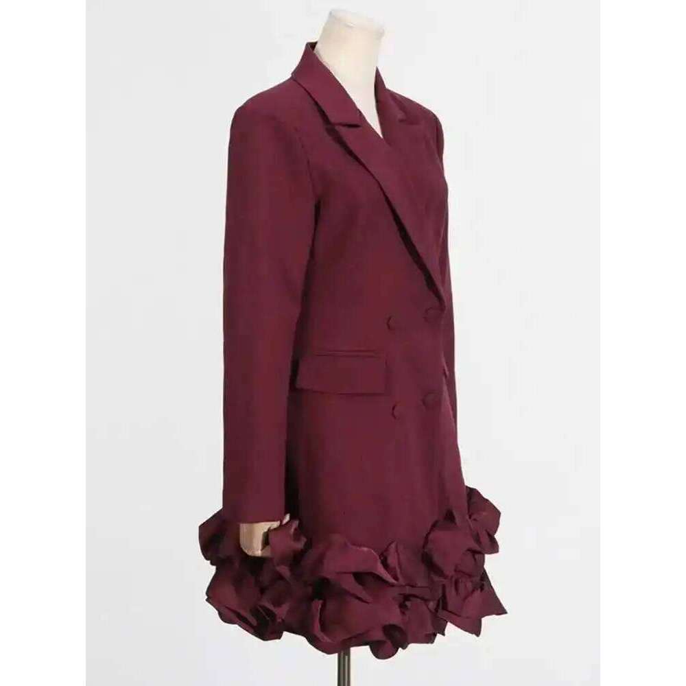 EAM Women Wine Red Elegant Suit Dress New Lapel Long Sleeve Waist Ruffles Hem Jacket Fashion Tide Spring Autumn 2025 30A2877