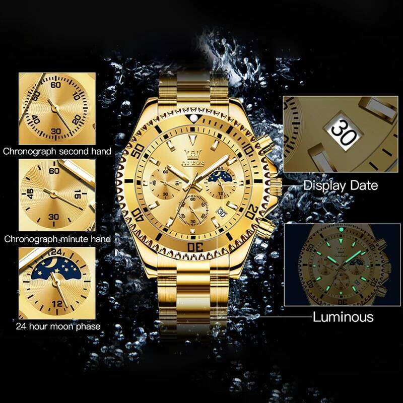 OLEVS Men's Watches Top Brand Watch for Men Original Waterproof Stainless Steel Chronograph Moon Phase Date Rota Dial free shipping