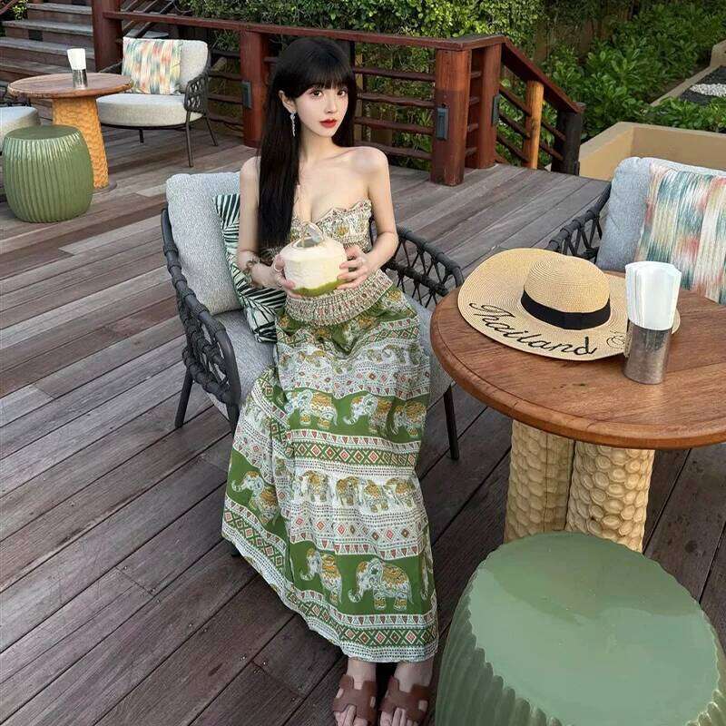 Bohemian Beach Set Handmade Print Wrap Skirt Crochet Top Strapless Swimsuit Thailand Vacation Summer Resort Wear