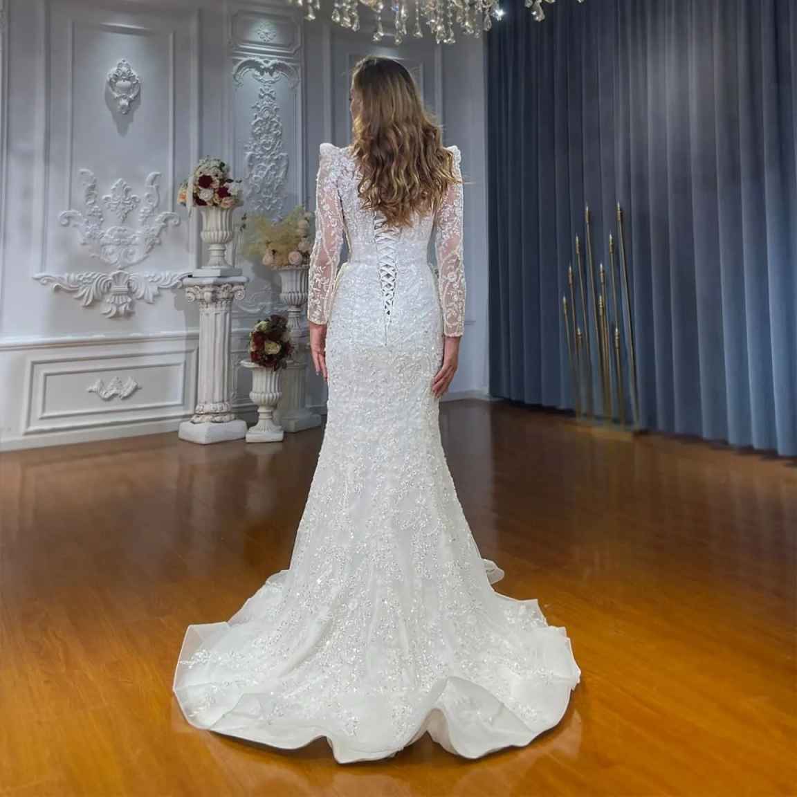 Elegant Mermaid Wedding Dress Sweetheart Neck Long Sleeves Bridal Gowns Sequins Appliques Detachable Train Dresses Custom Made vestidos de novia